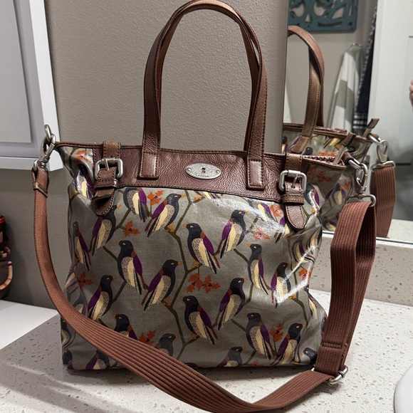 Fossil Key-Per Tote w Bird on twig  Purple Patterned Interior coated canvas GUC - Picture 1 of 11